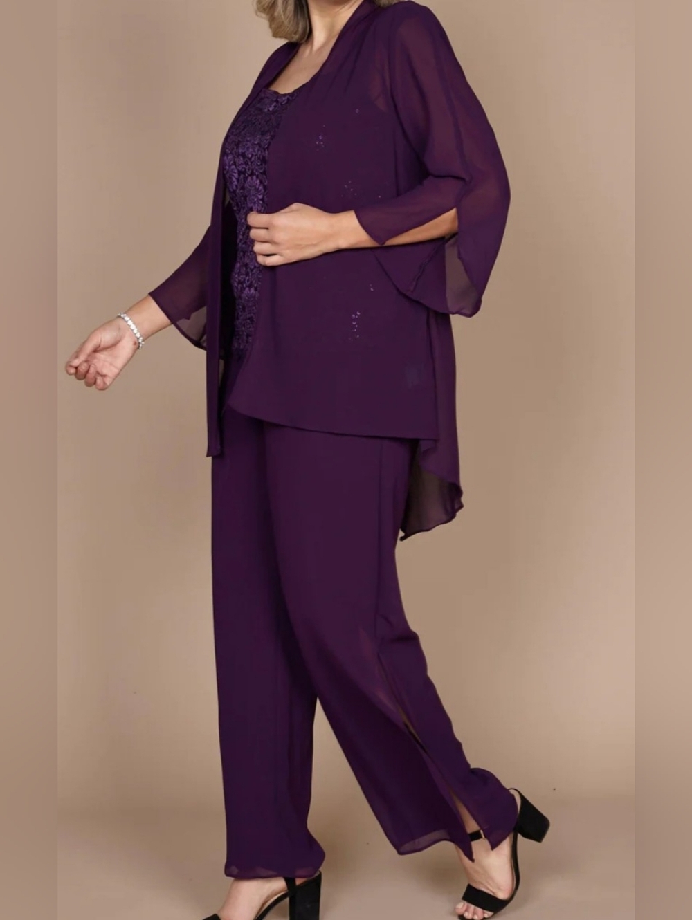 R&M RICHARDS Beaded Eggplant Two-Piece Set 14W